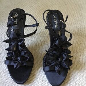 Cathy Jean Black Floral Satin Strappy Heels